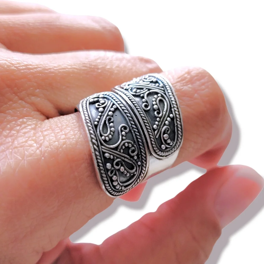 Sterling Silver 925 Bali Boho Artsy Festival Hand Crafted Spoon Ring, 7 & 9 - Picture 2 of 7